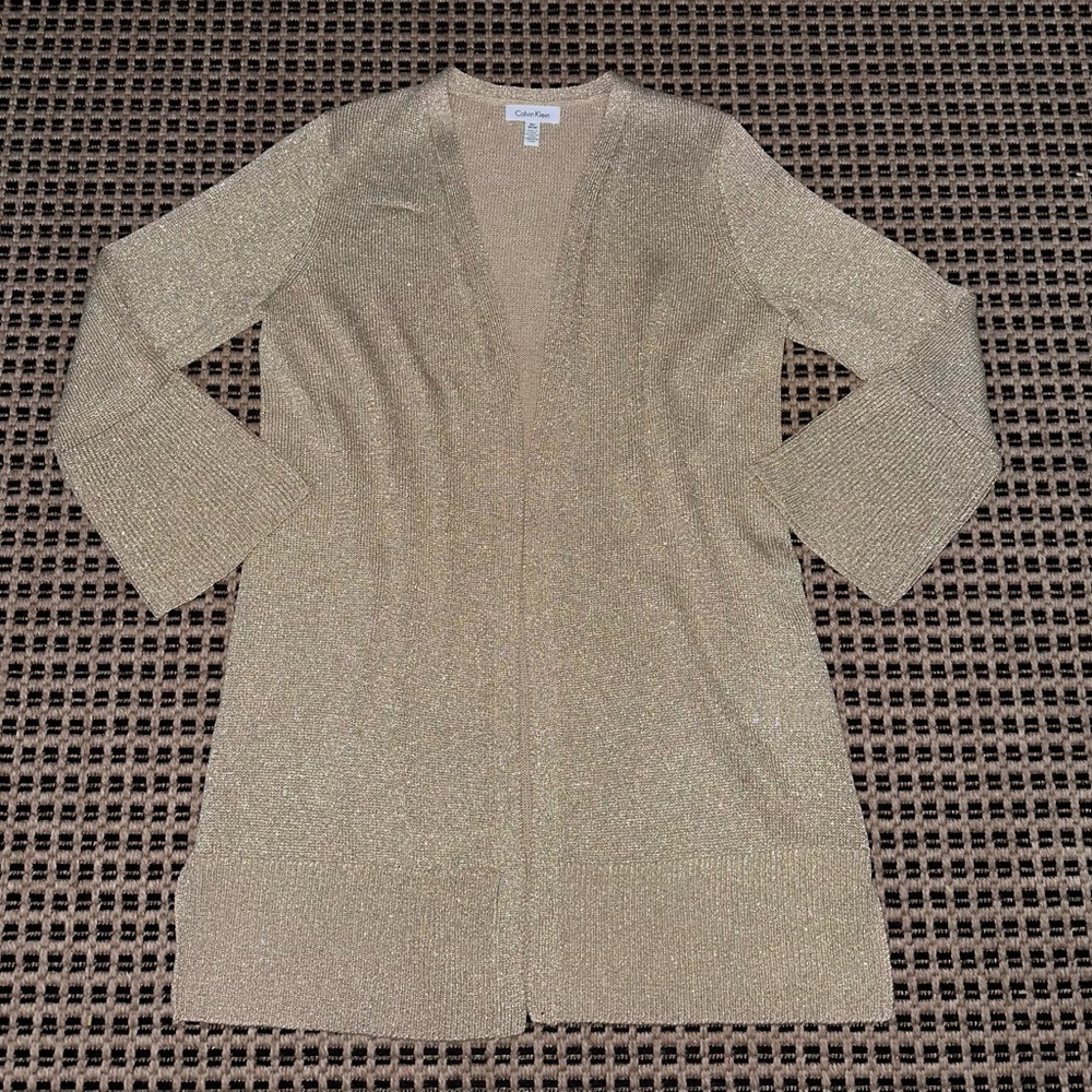 Calvin Klein Shimmery Gold Open-Front Long Cardigan Women’s Medium